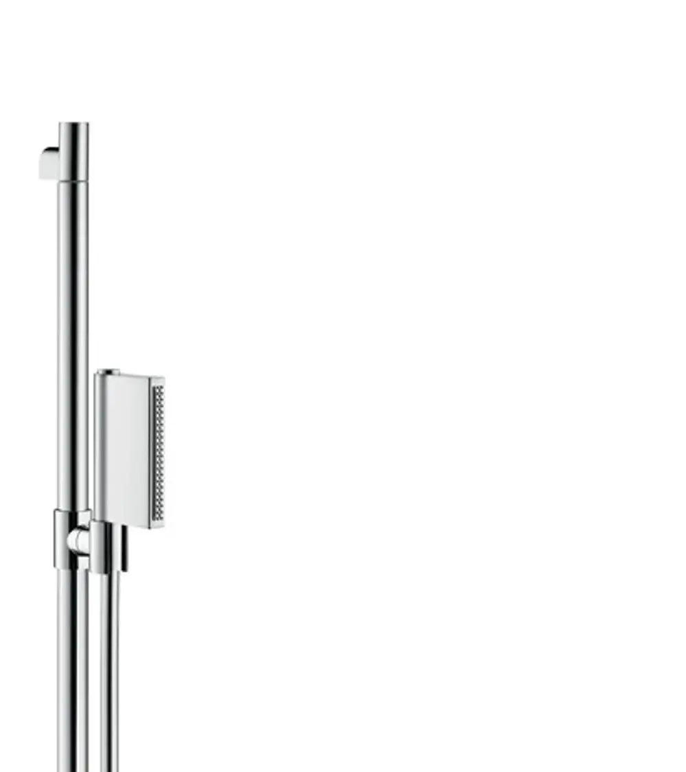 Brauseset mit Handbrause und Halterung, montiert an einer chromfarbenen Stange. Design von AXOR, schlichte Bauweise ohne zusätzliche Verzierungen.